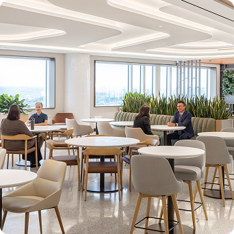 A bright, modern dining lounge with upholstered chairs, round tables, large windows, and tall green plants. Several people sit at tables beneath curved white ceiling features and wood paneling.