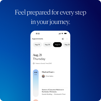 Smartphone mockup on a blue background displaying an appointment schedule for Thursday, August 21, with a medical exam at 8:30 a.m. Above the phone, a heading reads “Feel prepared for every step in your journey.”