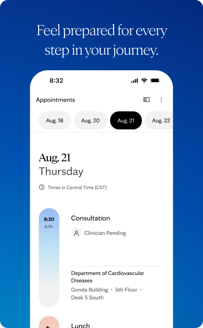 Smartphone mockup on a blue background displaying an appointment schedule for Thursday, August 21, with a medical exam at 8:30 a.m. Above the phone, a heading reads “Feel prepared for every step in your journey.”