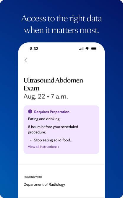 Smartphone mockup on a blue background displaying an abdominal ultrasound appointment for August 22 at 7 a.m., with a purple preparation notice and instructions to stop eating solid food six hours before the procedure. Above the phone, a heading reads “Access to the right data when it matters most.”