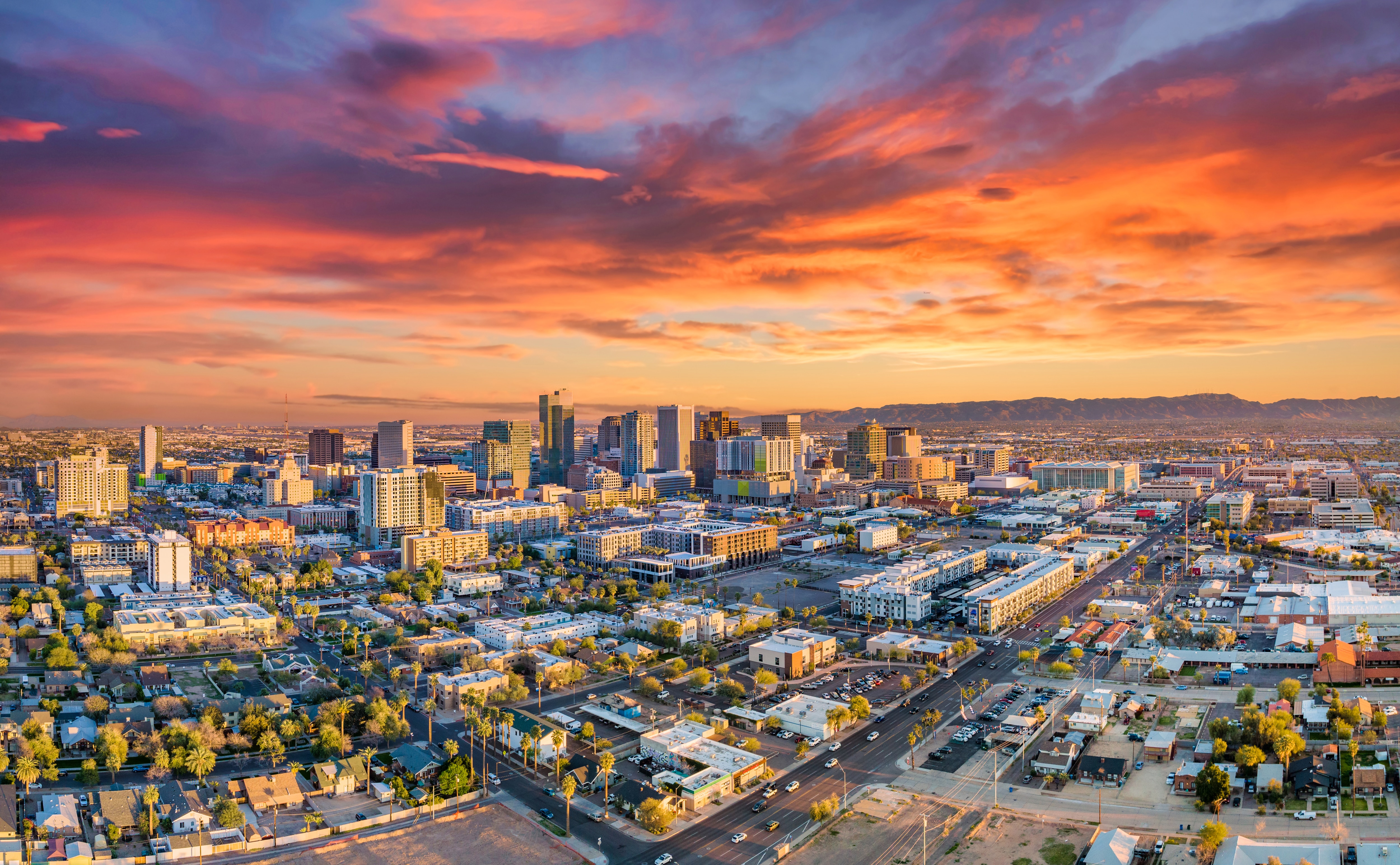 Aerial view of Phoenix, home to Mayo Clinic’s Arizona campus, during sunset.