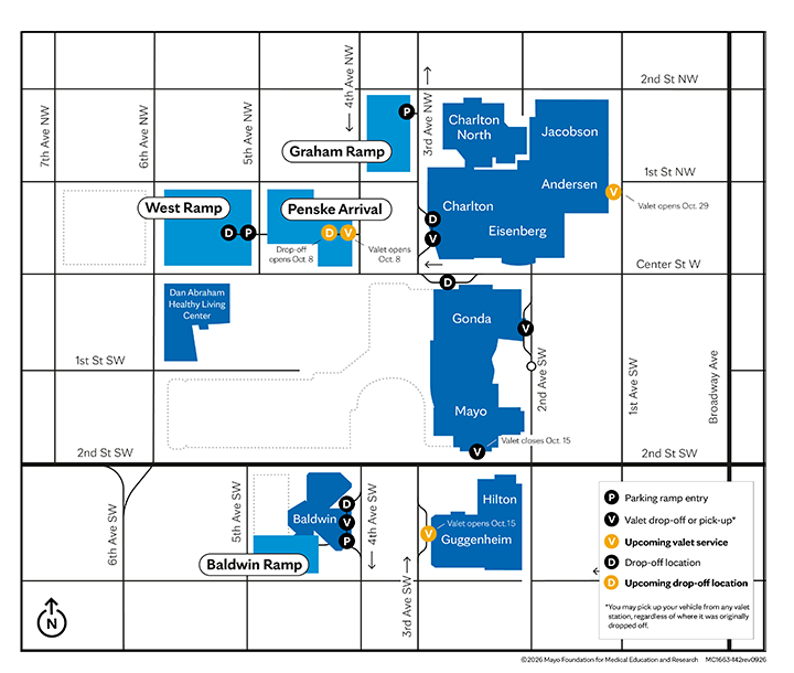 Valet parking map for Downtown Campus of Mayo Clinic in Rochester, Minnesota